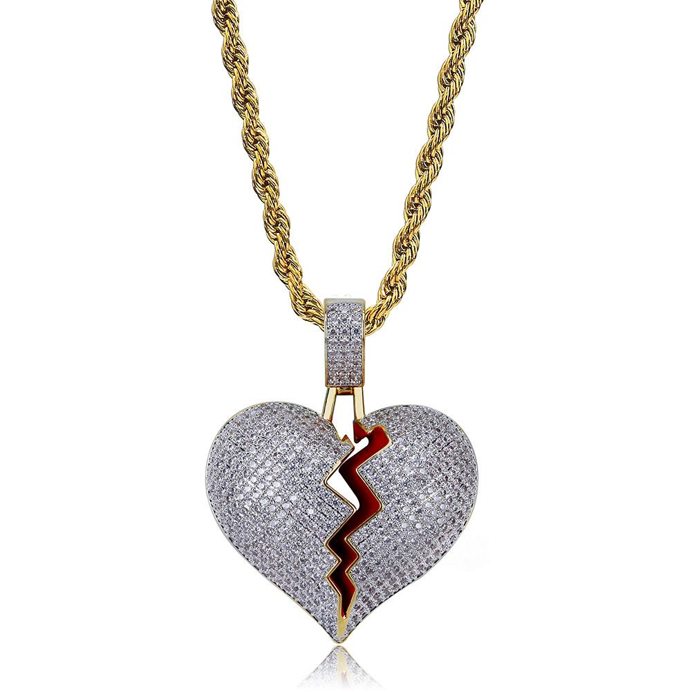 Men's Jewelry Personality Hot Style Broken Heart Shape Broken Heart Male And Female Couple Pendant Full Zircon Hip Hop Necklace_ipsvogv.com