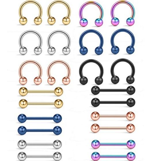 24 PCs/Pack hybrid set stainless steel breast ring tongue nail European and American C- type allergy nose nail nose ring puncture jewelry_ipsvogv.com
