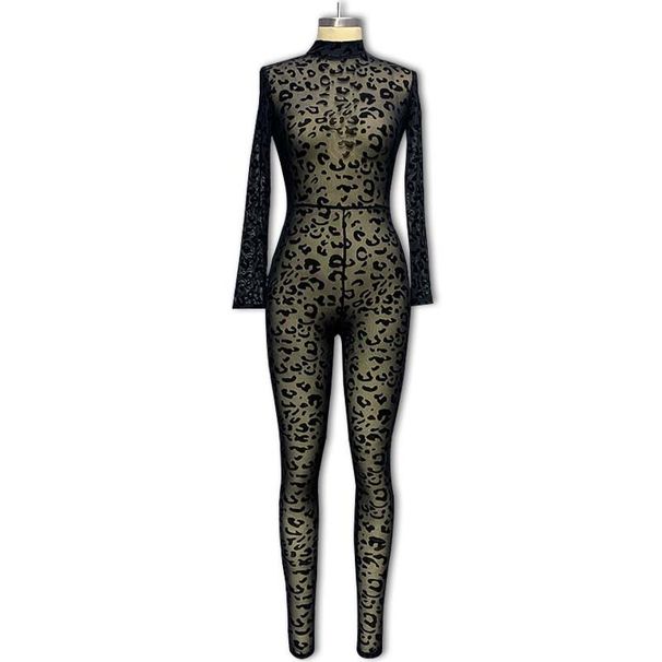 Women's Clothing jumpsuits Slim long-sleeved sexy flocked see-through slimming jumpsuits (girdle not included)_ipsvogv.com