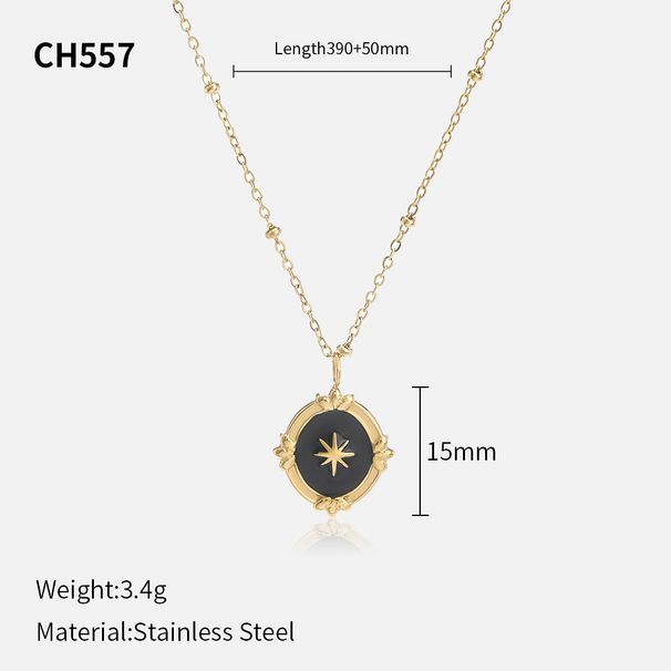 French Retro Emerald & Mother Of Pearl Necklace - Stainless Steel/Titanium Steel Geometric Pendant For Women_ipsvogv.com