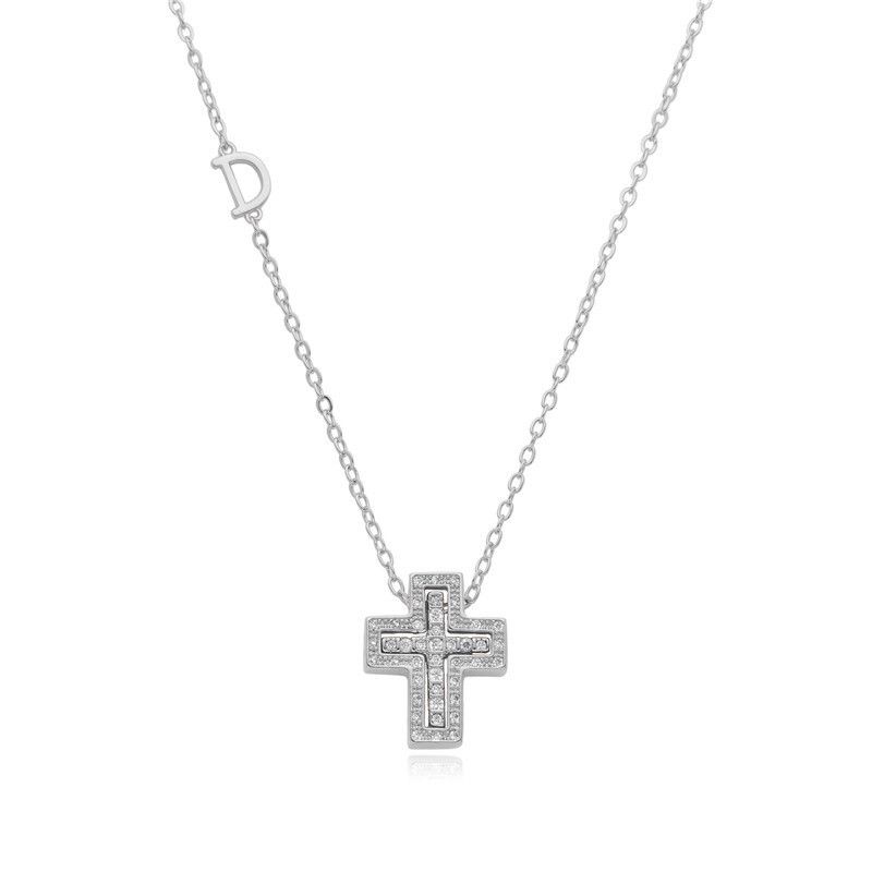 Popular Full Diamond D Shaped Cross Necklace For Women Copper Gold Plated Fashion Cross Rope Necklace Size_ipsvogv.com