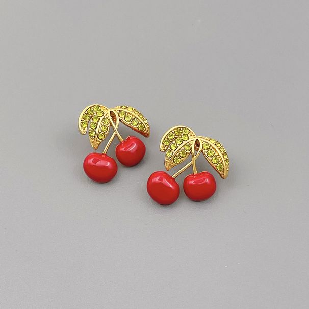 Brass plated genuine gold and silver needle enamel glaze red diamond inlaid cherry Korean China-Chic fruit earrings_ipsvogv.com