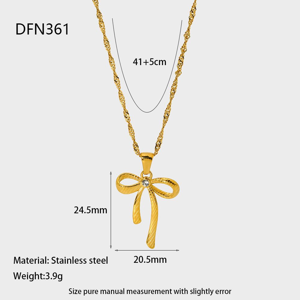 French INS Exquisite Bowknot Stainless Steel Gold-Plated Inlaid Zircon Ribbon Pendant Necklace Waterproof For Women_ipsvogv.com