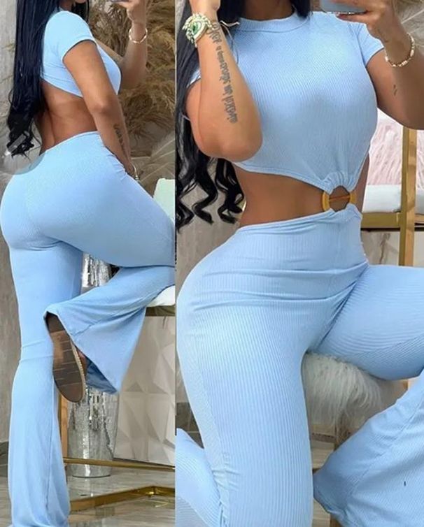 Women's clothing sexy round neck backless slim fit butt lift solid color bootcut jumpsuit sportswear_ipsvogv.com