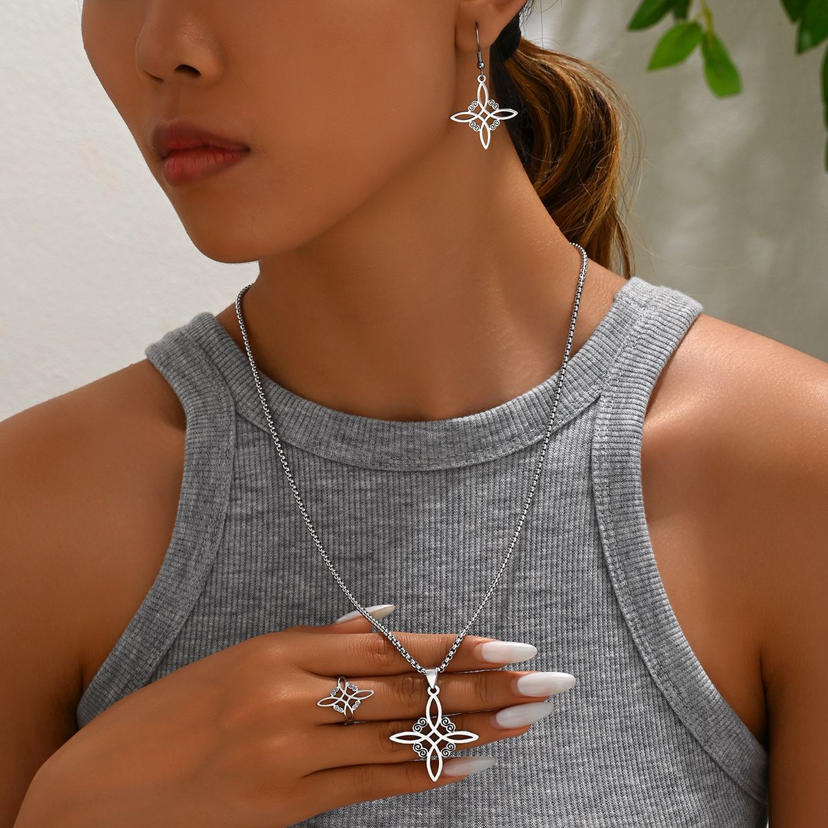 Hip Hop Style Women's Jewelry Set Personalized Index Finger Ring Design Earring Ring Niche Long Necklace Accessories_ipsvogv.com
