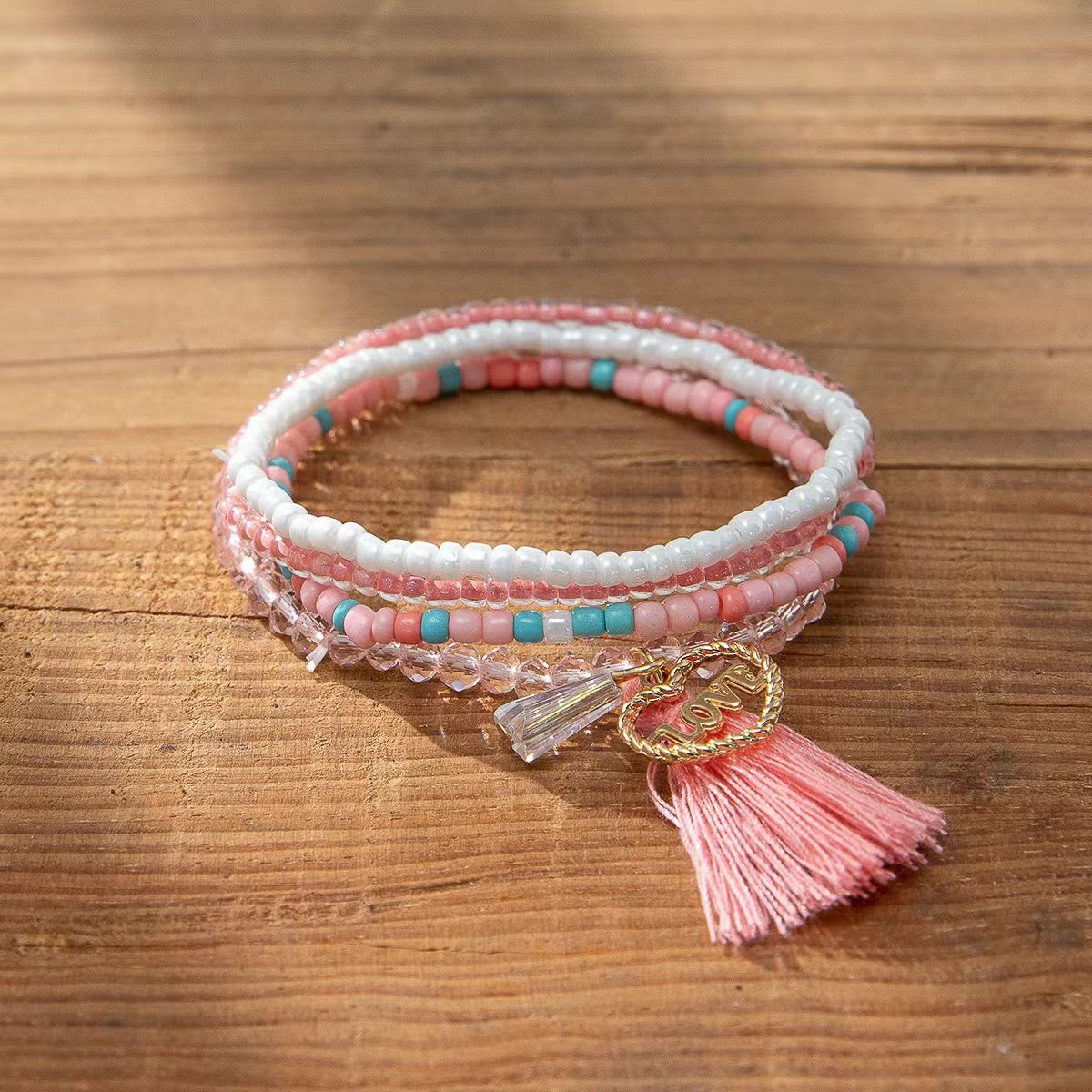 Alloy LOVE Pink Tassel Multi Layer Rice Bead Stacked Bohemian Women's Bracelet_ipsvogv.com