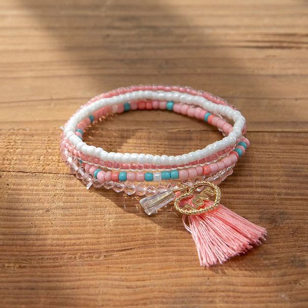 Alloy LOVE Pink Tassel Multi Layer Rice Bead Stacked Bohemian Women's Bracelet_ipsvogv.com