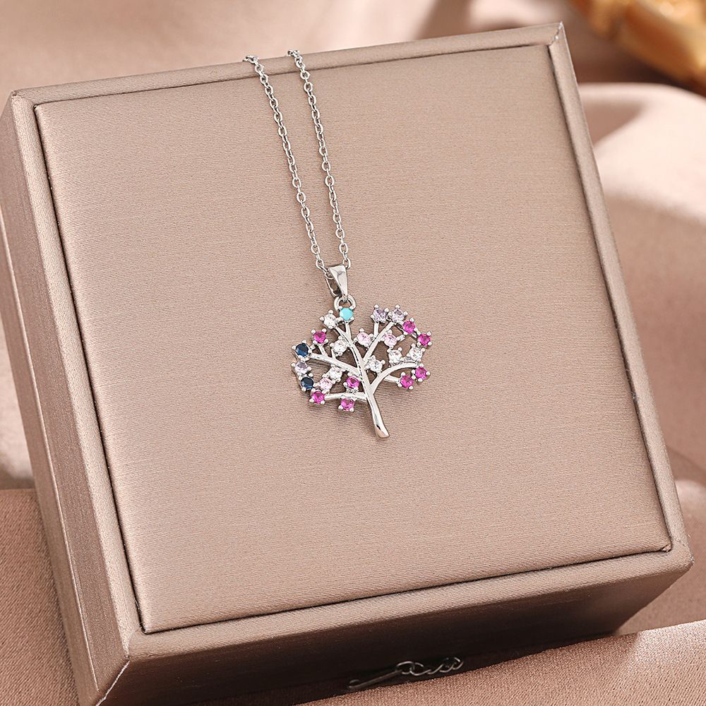 Light Luxury Fashion Rainbow Lucky Necklace For Women With Micro Inlaid Zircon Life Tree Pendant, Titanium Steel Lock_ipsvogv.com