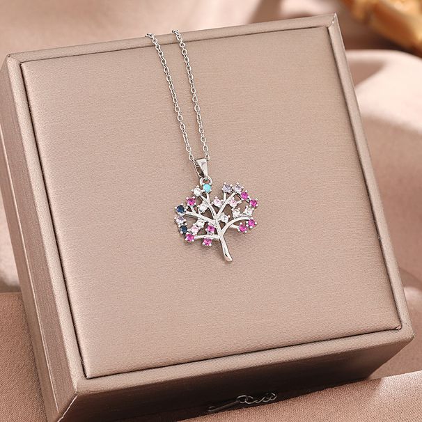 Light Luxury Fashion Rainbow Lucky Necklace For Women With Micro Inlaid Zircon Life Tree Pendant, Titanium Steel Lock_ipsvogv.com