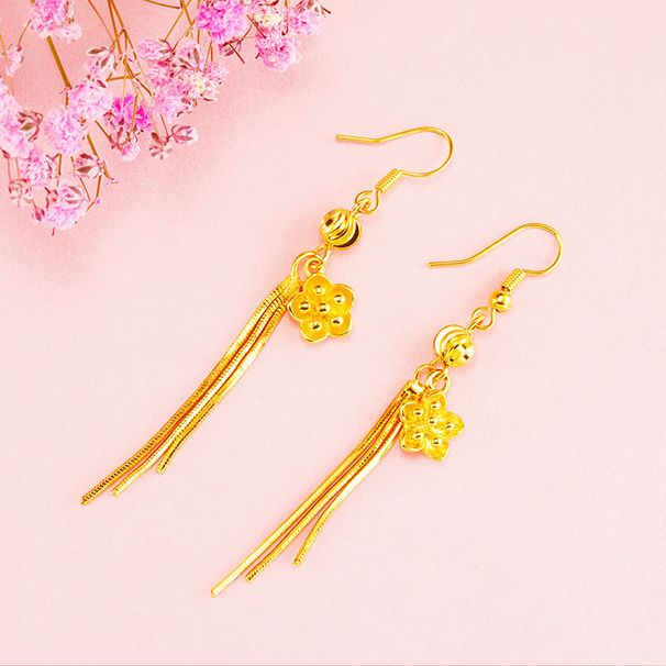 Vietnamese Sand Gold Long Flower Tassel Earhook Ethnic Style Women's Earrings Jewelry_ipsvogv.com