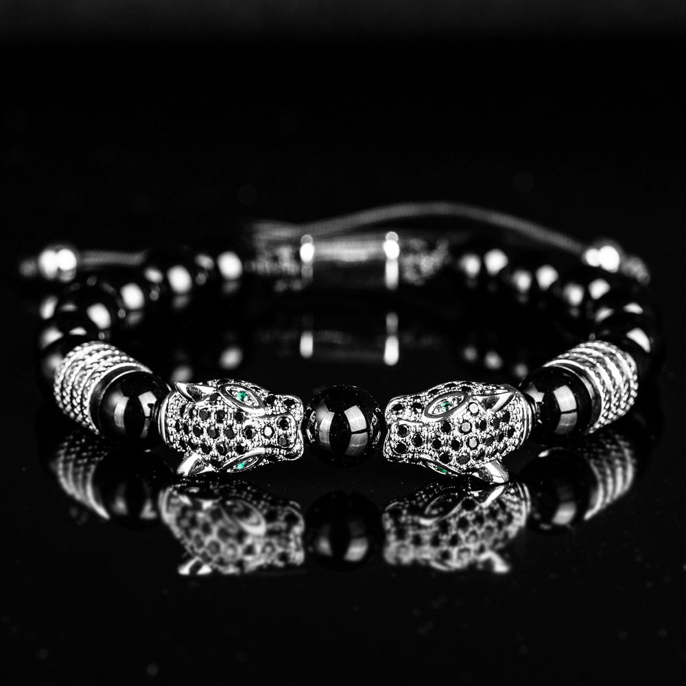 Men's Black Double Leopard Head Braided Stainless Steel Roman Numeral Bracelet Set Style_ipsvogv.com
