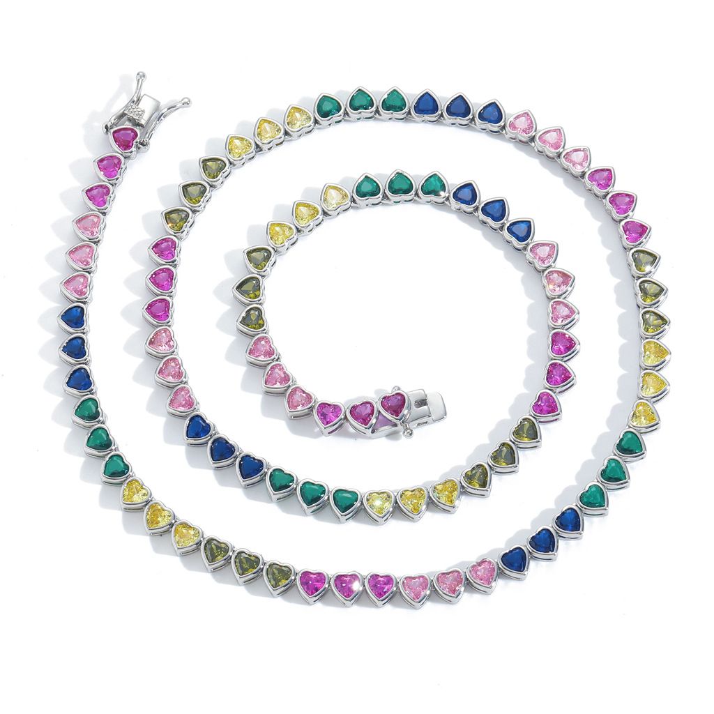 Unisex Hip Hop Color Love Tennis Chain Rainbow Zircon Personality Trendy Hip Hop Necklace Heart Shape_ipsvogv.com