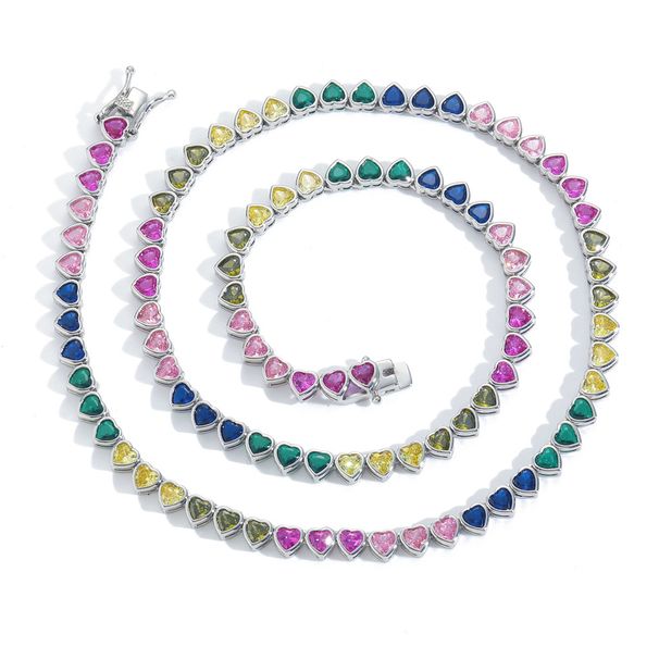 Unisex Hip Hop Color Love Tennis Chain Rainbow Zircon Personality Trendy Hip Hop Necklace Heart Shape_ipsvogv.com