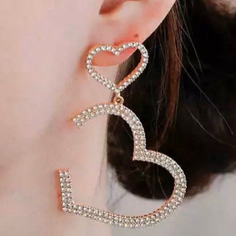 Jewelry Rhinestone Multi-row Heart-shaped earrings Irregular Size Peach Heart Diamond earrings earrings_ipsvogv.com