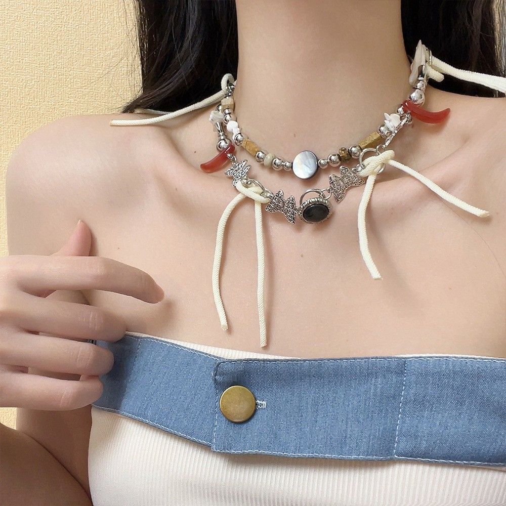 Maillard Heavy Industry Button Knot Butterfly Double Layer Necklace For Women's Niche Design Y2k Spicy Girl Clavicle_ipsvogv.com