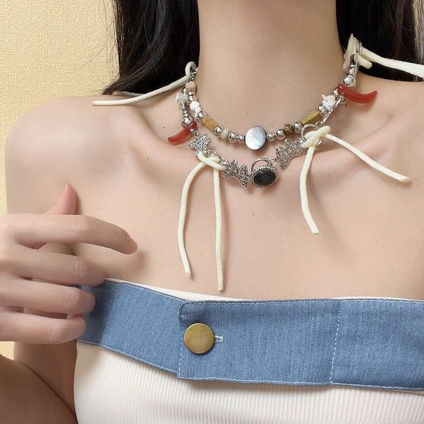 Maillard Heavy Industry Button Knot Butterfly Double Layer Necklace For Women's Niche Design Y2k Spicy Girl Clavicle_ipsvogv.com