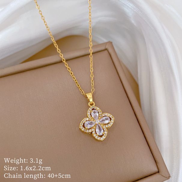 【 Titanium Steel 】 Necklace Earring Light Luxury Full Diamond Four Leaf Flower Zircon Personalized Temperament Banquet_ipsvogv.com
