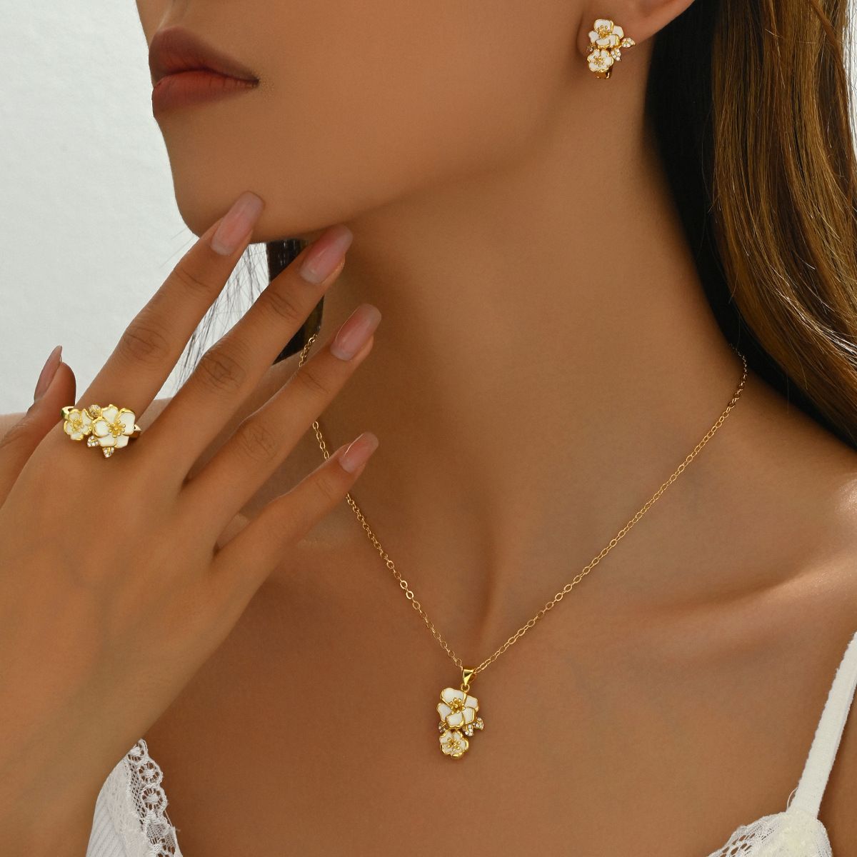 Fashion OL flower earring necklace set, niche inlaid zircon design, ring earrings, versatile accessories_ipsvogv.com