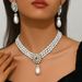 Geometric light luxury style women's pearl necklace earring set, niche crystal inlaid multi-layer design, collarbone_ipsvogv.com