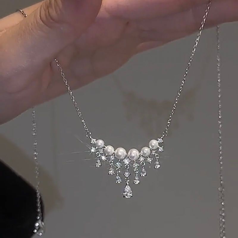 Light Luxury High-end Zircon Water Droplet Pearl For Women's Summer, Exquisite And Versatile Collarbone Chain,_ipsvogv.com