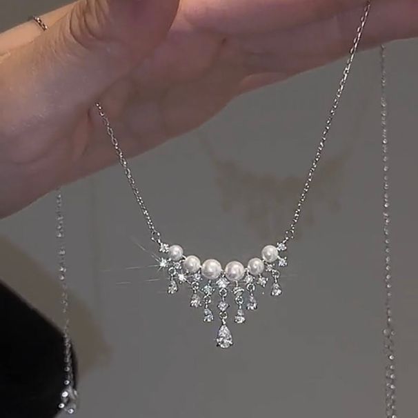 Light Luxury High-end Zircon Water Droplet Pearl For Women's Summer, Exquisite And Versatile Collarbone Chain,_ipsvogv.com