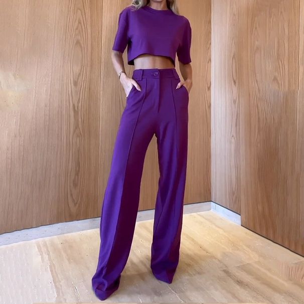 Women's Clothing Set Fashion Round Neck Short Sleeve Top Straight Trousers Solid Color Two-piece Set_ipsvogv.com