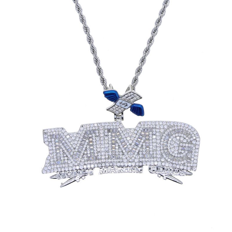 Men's Hiphop Fashion Letter "MMG" Zircon Pendant Necklace, Stainless Steel Cuban Chain, Trendy Statement Jewelry For Men Trend Men's Necklace Jewelry_ipsvogv.com
