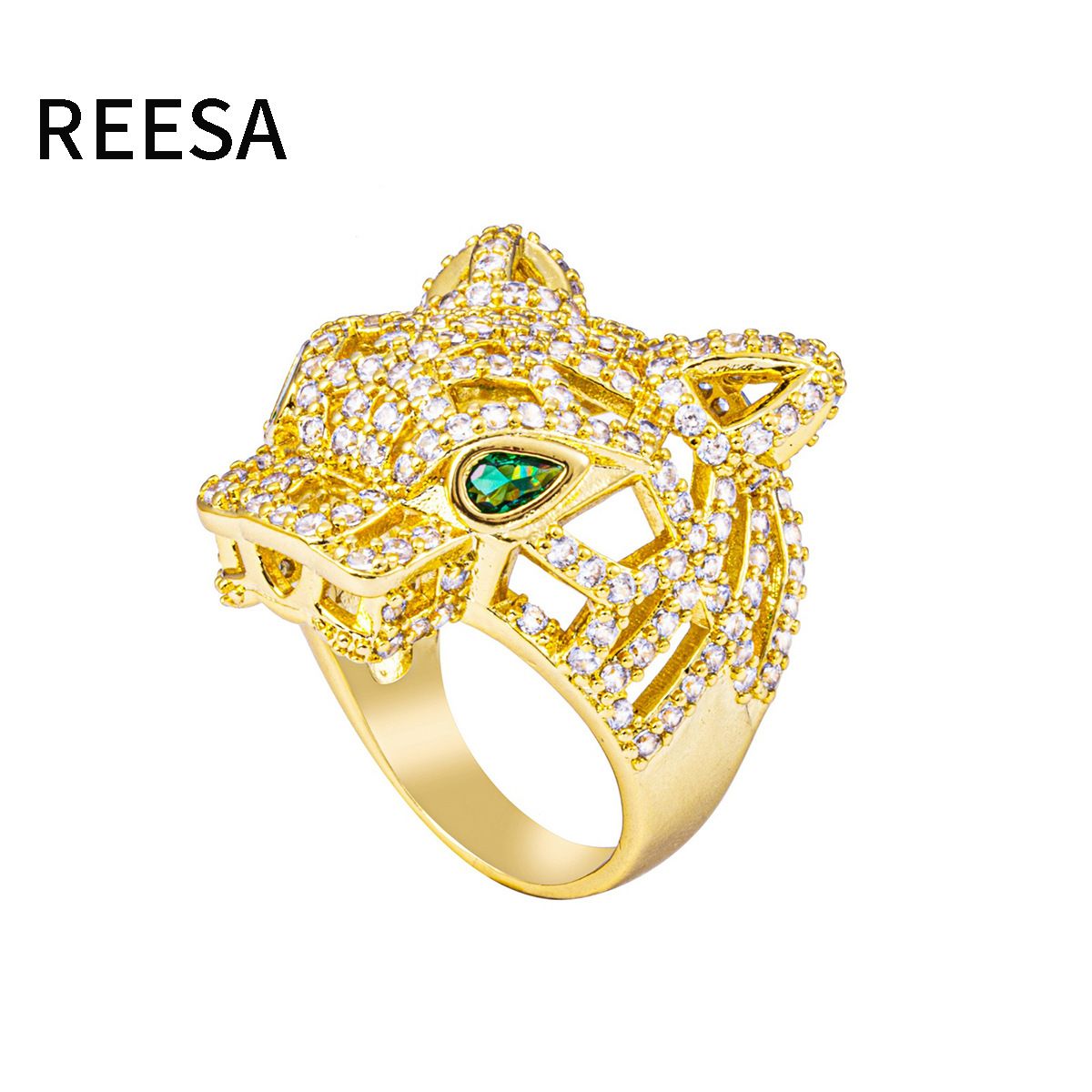 Hiphop Copper Inlaid Zircon Domineering Men's And Women's Closed Mouth Super Sparkling Large Full Leopard Head Ring_ipsvogv.com