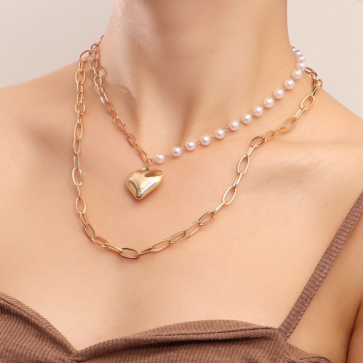 Jewelry Punk Double Layer Geometry Big Peach Heart Pendant Pearl Women's Instagram Style Versatile Necklace_ipsvogv.com