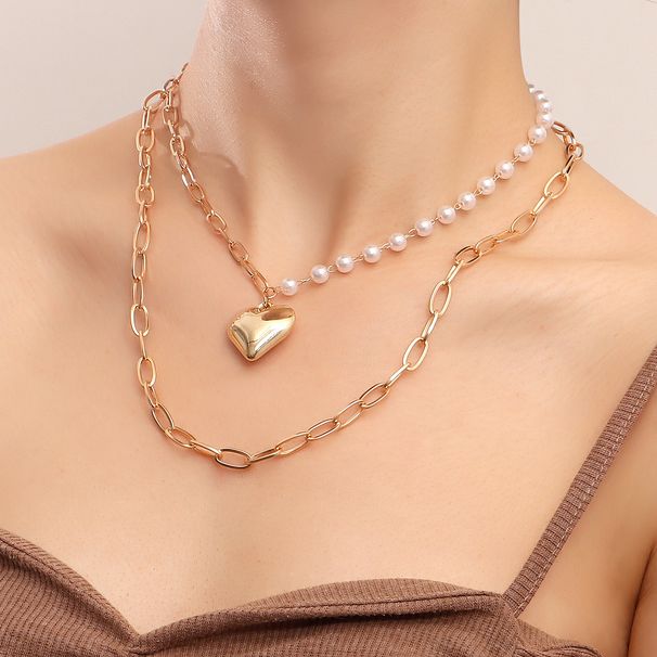 Jewelry Punk Double Layer Geometry Big Peach Heart Pendant Pearl Women's Instagram Style Versatile Necklace_ipsvogv.com