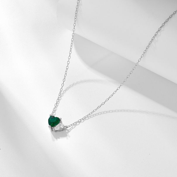 Women's Jewelry Emerald Heart Shaped Zircon Sterling Silver Necklace Niche Light Luxury High End Simple Versatile Clavicle Chain_ipsvogv.com