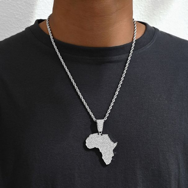 Personalized full diamond map pendant men's Cuban chain necklace hip hop trendy necklace all match net celebrity necklace_ipsvogv.com