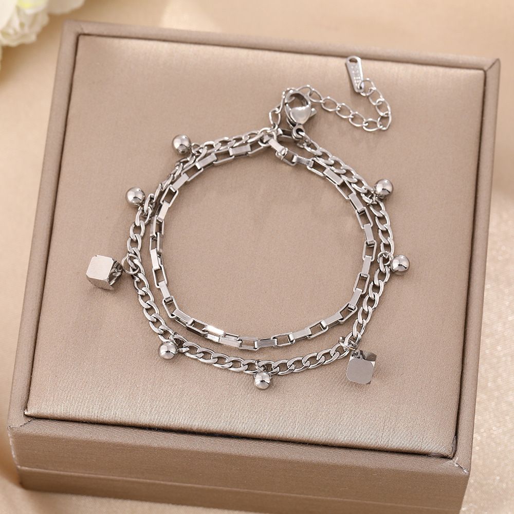 Personalized Fashionable Titanium Steel Bracelet For Women, Featuring Dual Layer Geometric Block Design A Cool And_ipsvogv.com