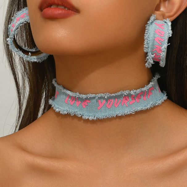 Fashionable spicy girl style women's necklace earring set denim fabric English letter design collar temperament earrings_ipsvogv.com