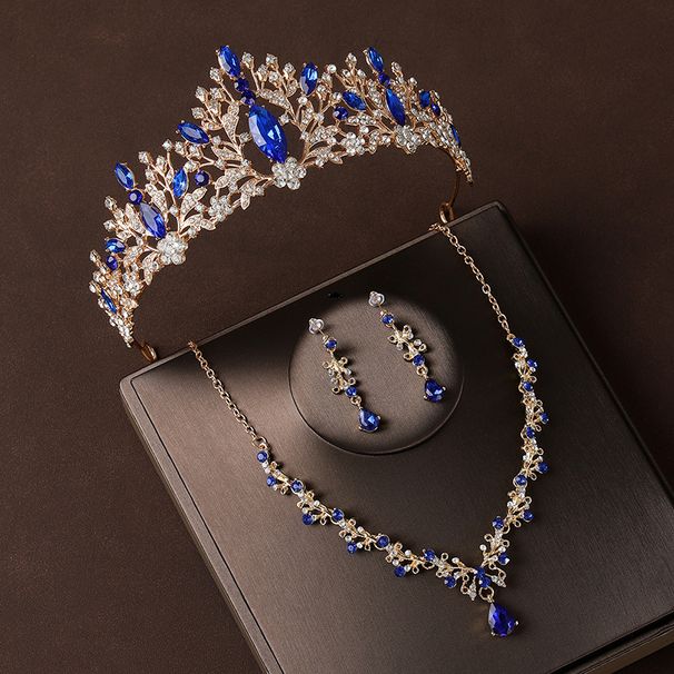 Crown headdress three piece set atmospheric champagne blue diamond birthday crown necklace earrings bride wedding dress evening dress jewelry_ipsvogv.com