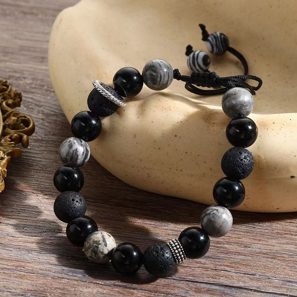Volcanic Stone Bead Men's Hand Woven Snowflake Obsidian Reverse Scale Bracelet, Trendy_ipsvogv.com
