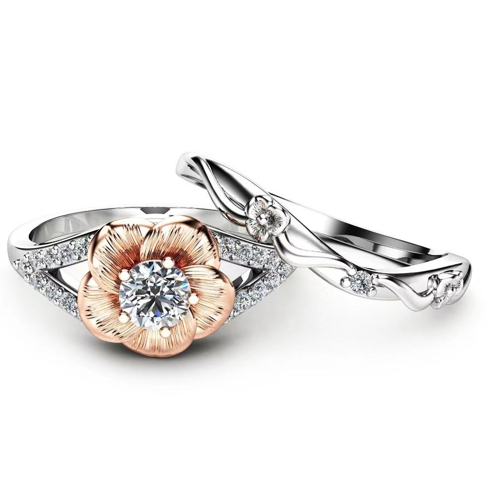 Sanjie Diamond Inlaid Flower New Jewelry Rose Shaped Women's Pair Ring Two Tone Handmade_ipsvogv.com
