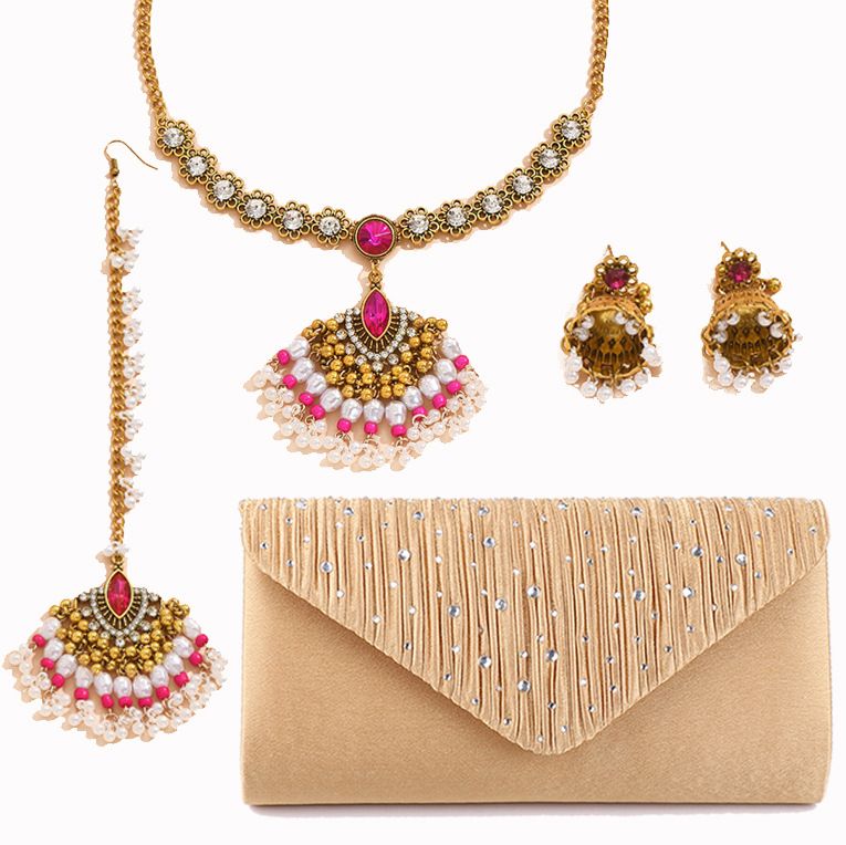 Indian bridal hair accessories four piece set pearl gemstone fan shaped necklace earrings evening bag clutch_ipsvogv.com