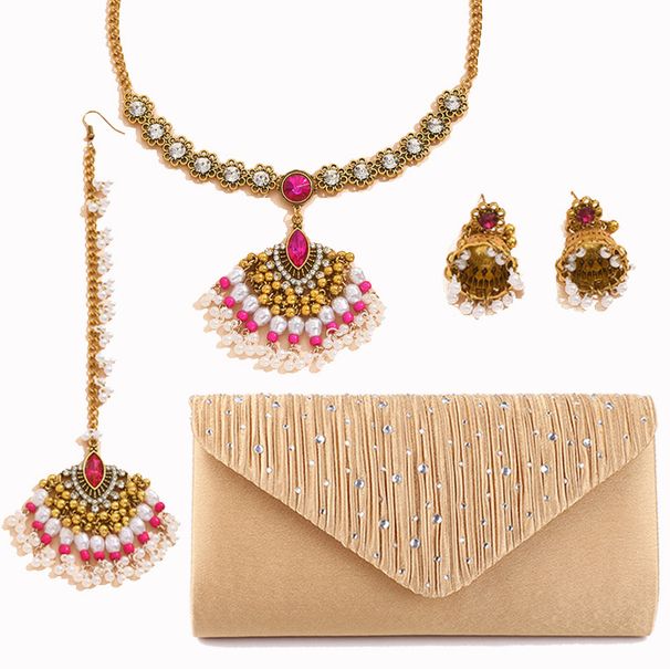 Indian bridal hair accessories four piece set pearl gemstone fan shaped necklace earrings evening bag clutch_ipsvogv.com