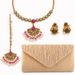Indian bridal hair accessories four piece set pearl gemstone fan shaped necklace earrings evening bag clutch_ipsvogv.com