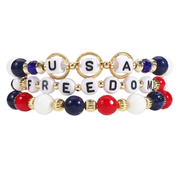 Handmade USA Independence Day Bracelet Set With Natural Stone Beads And Letter Charms, Unisex Jewelry For Men And Women_ipsvogv.com