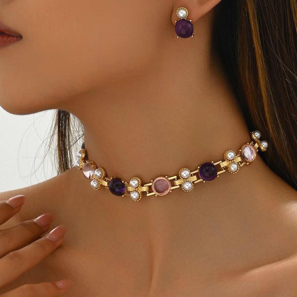 Sweet fresh Japanese Korean women's earring jewelry set with niche geometric design necklace and neck chain_ipsvogv.com