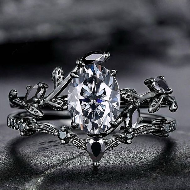 Branch Cross Gun Black Pair Inlaid With White Zircon Ladies Ins Thorn Ring_ipsvogv.com