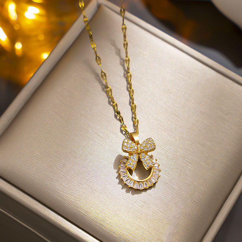 Copper micro inlaid zircon necklace, women's bow, fashionable niche necklace, inset style, color protection, genuine_ipsvogv.com