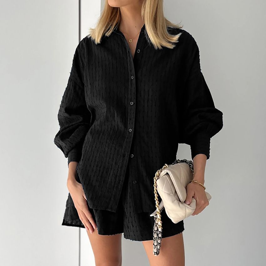 Hollow jacquard niche French long-sleeved suit shirt shorts casual women's design white_ipsvogv.com