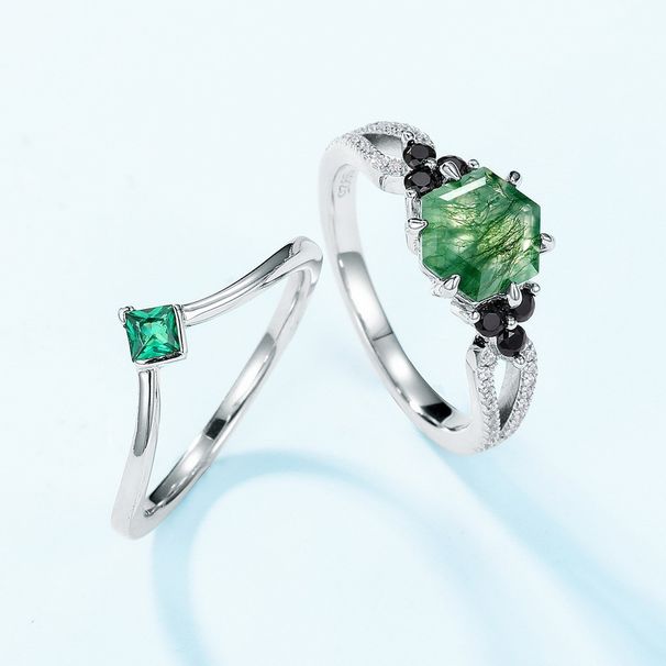 Geometric Natural Water Grass Agate Stacking Ring S925 Silver Inlaid Green Moss Stone Couple Ring_ipsvogv.com