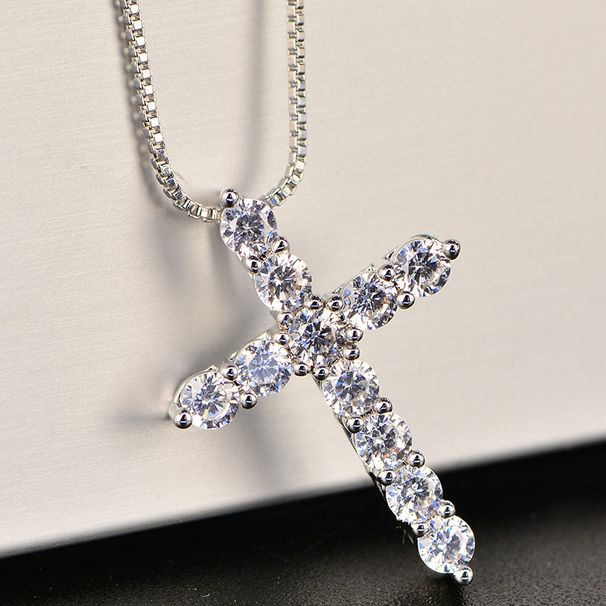 Hot Sales Sterling Sier Necklace For Woman men 18 inch Box chain Shiny crystal classic cross Pendant Fashion Jewelry Gifts_ipsvogv.com