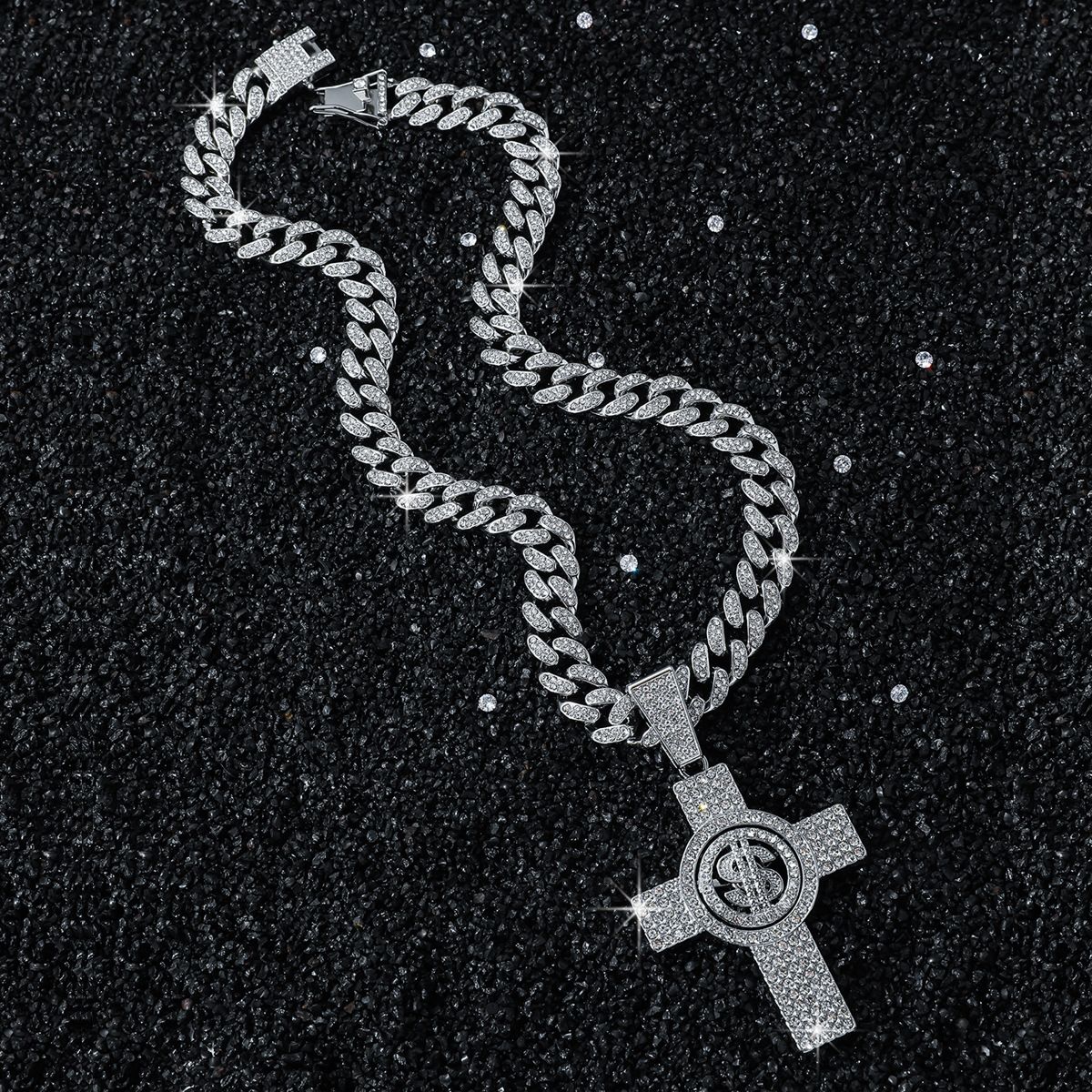 New Personalized Men's Full Diamond Chain Hip Hop Style Rotating Dollar Cross Pendant Necklace_ipsvogv.com