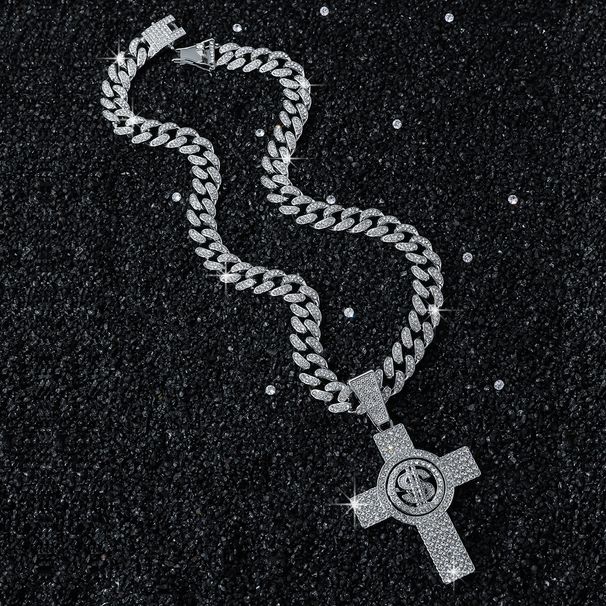 New Personalized Men's Full Diamond Chain Hip Hop Style Rotating Dollar Cross Pendant Necklace_ipsvogv.com