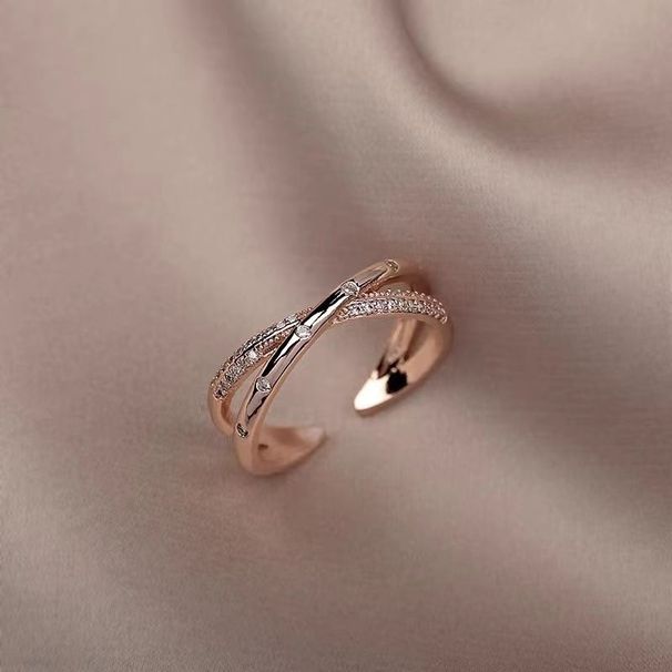 Titanium Steel Rose Gold Cross Zircon For Women's Fashion, Individuality, Light Luxury, High-end, Adjustable Opening,_ipsvogv.com